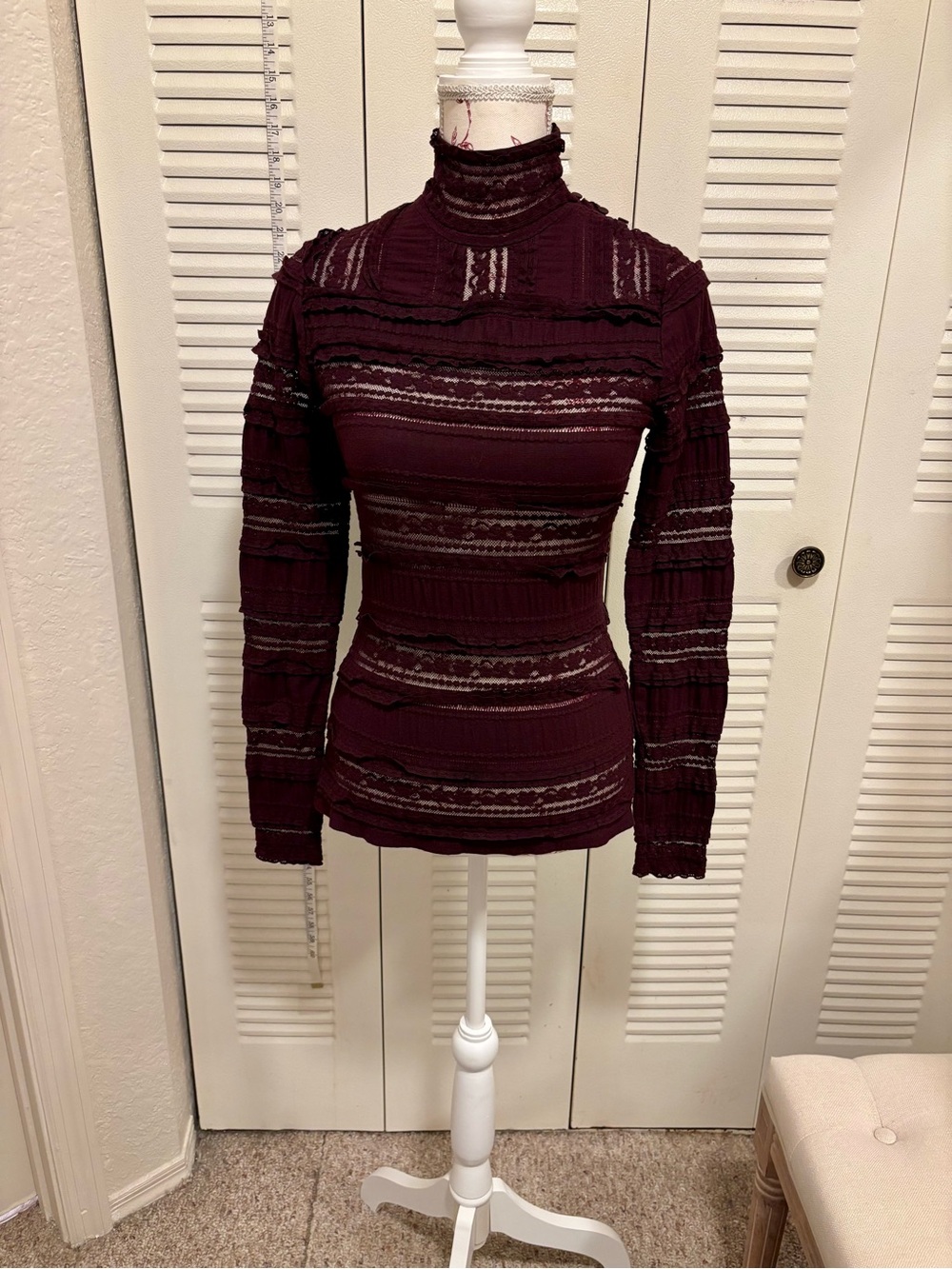 cinq a sept Burgundy Ribbed Lace-Stripe Mock Neck Long Sleeve Top
